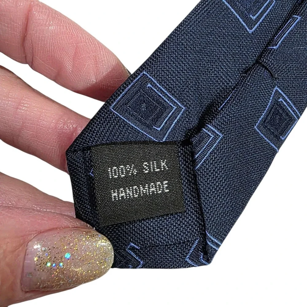 Alan Flusser‎ Mens Silk Necktie Square Pattern Blue Handmade Luxury Formal